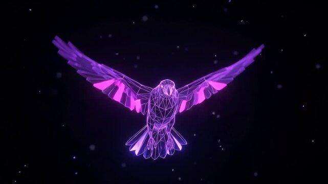 Holographic Wireframe Raven Flying with Purple Neon Glow in Abstract Dark Space