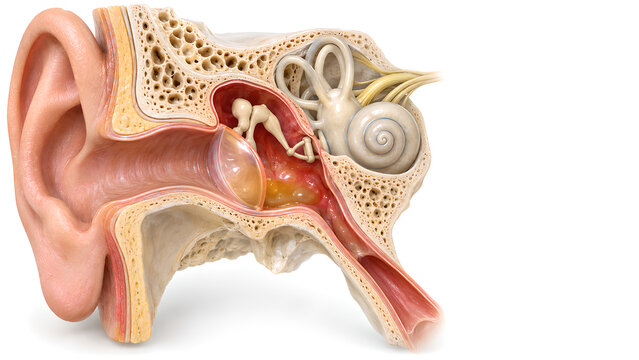Otitis media in middle ear with fluid behind intact eardrum, photorealistic medical 3D anatomy render showing preserved ossicles and inner ear for healthcare education and patient communication