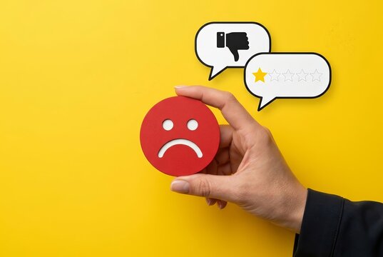 Customer dissatisfaction concept featuring a red sad emoji with negative feedback and low rating review.