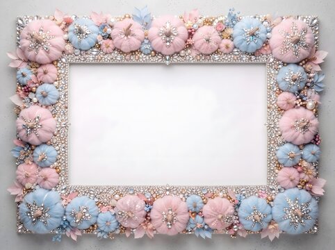 Elegant floral frame with pink and blue blossoms in a soft pastel style