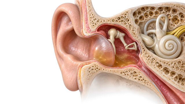 Otitis media in middle ear with fluid behind intact eardrum, photorealistic medical 3D anatomy render showing preserved ossicles and inner ear for healthcare education and patient communication