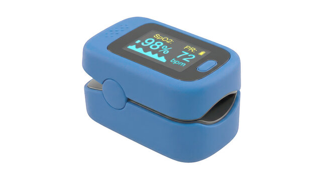 Blue digital pulse oximeter with clear screen displaying blood oxygen levels and heart rate.