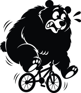 Humorous illustration of a large black bear comically riding a small bicycle with a scared expression