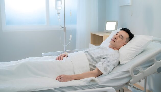 A young male patient is resting in bed in a bright hospital recovery room.