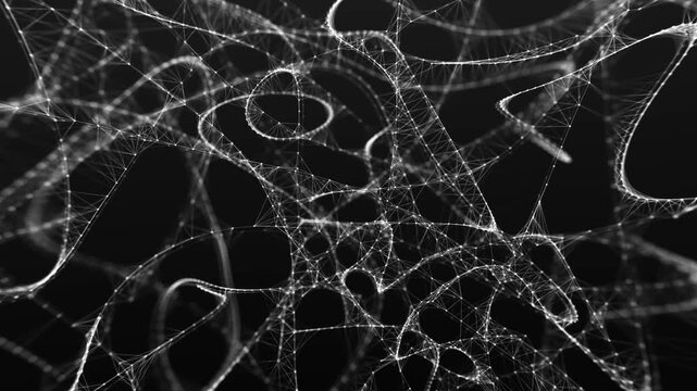 An abstract digital network composed of numerous fine lines and glowing dots on a black background. The interwoven structures resemble neural connections, a microscopic network, or a complex data tran