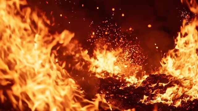 Slow motion intense fire texture. Detailed flames, glowing combustion and flying sparks create a powerful cinematic fire background effect.