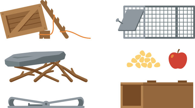 Animal Trap and Bait Vector Icon Set with Wooden Boxes Wire Cage Deadfall Snare and Spring Traps