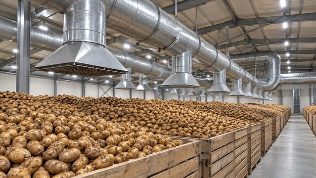 Large metal air ducts and ventilation equipment maintaining air flow in a potato warehouse.