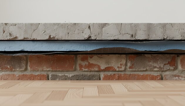 Building wall cross section showing material layers of concrete insulation and brick