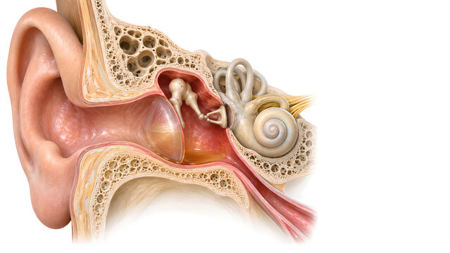 Otitis media in middle ear with fluid behind intact eardrum, photorealistic medical 3D anatomy render showing preserved ossicles and inner ear for healthcare education and patient communication