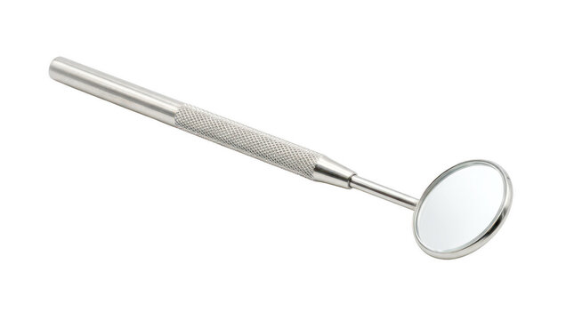 Dental mirror tool with textured metal handle helps dentist inspect teeth during checkups.