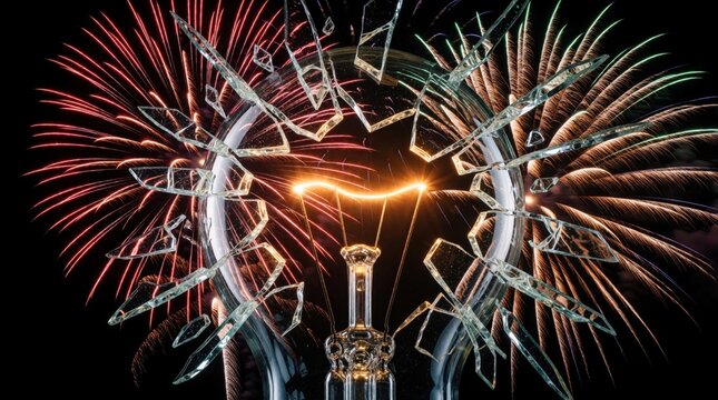 Exploding fireworks burst behind broken light bulb glass with glowing filament. Concept for innovation failure new beginnings or celebration ending. Dark night sky.