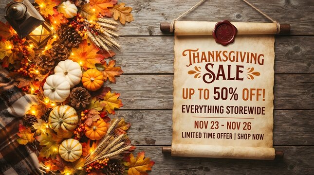Thanksgiving sale announcement on a vintage parchment scroll with pumpkins, pinecones, and autumn leaves on a rustic wooden background