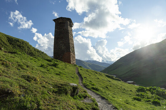 Ancient Svan defensive tower in Ushguli, Georgia