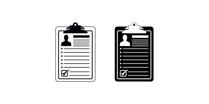 Clipboard document application form icons with user photo and checkmark for registration and verification list.