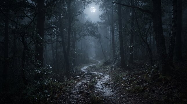Mysterious dark forest path under full moon, spooky night woodland trail in fog, eerie blue moonlight over forest landscape