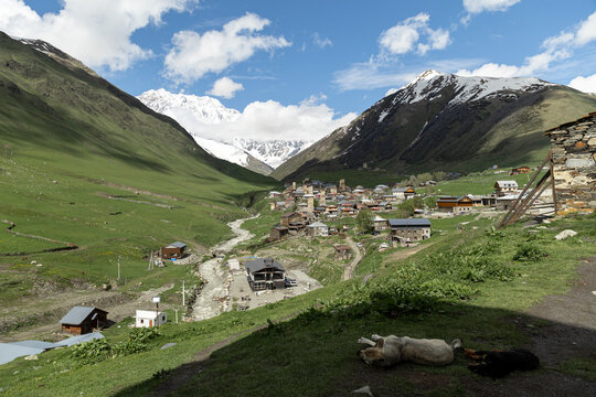 Panoramic view of Ushguli village with Caucasus mountains in Georgia