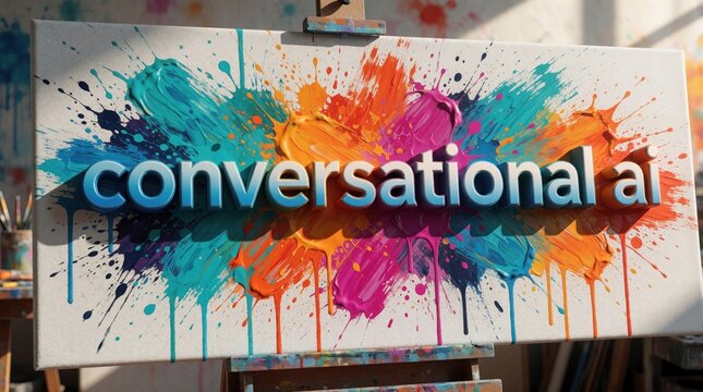 AI art canvas with vibrant paint splatters displays conversational AI text. Creative technology, artistic implementation blend in studio. Concept for digital innovation, machine learning development.