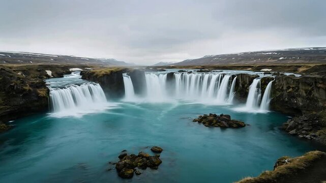 Majestic Godafoss Waterfall Cascading Into Turquoise River Under Icelandic Highland Landscape With Snow Patched Hills