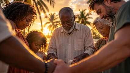 Fototapeta premium A multiethnic community of people praying together at sunset to symbolize hope and spiritual support.