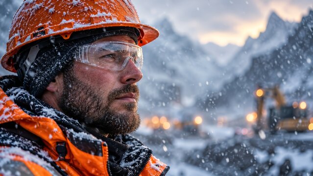 Profile view of a resilient engineering worker wearing a hard hat and safety glasses in cold weather.