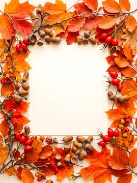 Autumn fall foliage frame with berries and nuts