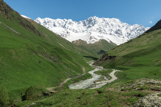 Shkhara Mountain and Enguri River Valley in Svaneti, Georgia