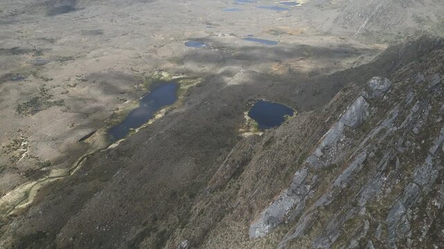 Aerial drone view of the high-altitude Sumapaz Paramo ecosystem in Colombia featuring native frailejon plants, glacial lakes, and rugged Andean mountains.
