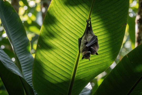 Two small bats hang upside down on a bright green leaf in a sunlit jungle. These nocturnal mammals rest while clinging to tropical foliage. Their furry bodies and wings are visible.