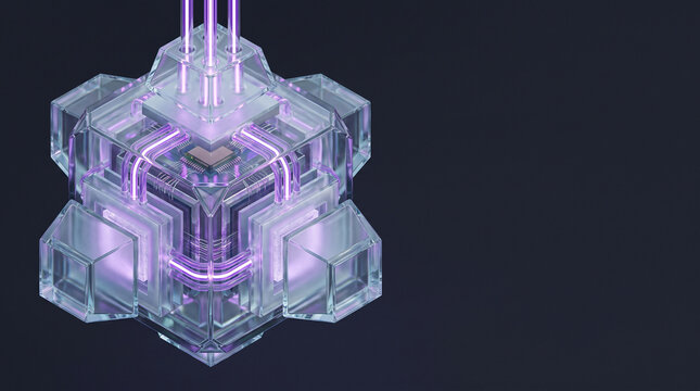 Isometric 3D render of geometric glass cryogenic cooling chandelier with internal glowing purple conduits and frosted cooling plates on dark slate backdrop with copy space