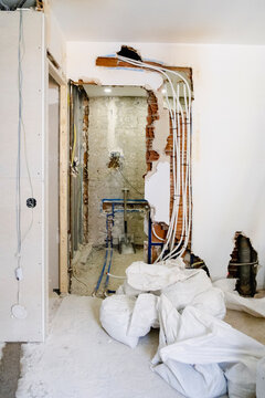 Unfinished bathroom during apartment renovation project