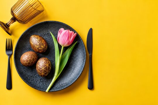 Festive Easter decor featuring a dark plate, cutlery, and pink tulips on a yellow surface.