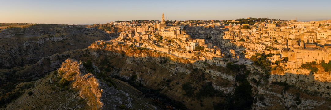 Matera Sassi City Aerial Panorama Golden Hour Italy