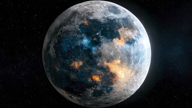 Blue Gray Planet with Glowing Surface Details in Deep Space | 4K Video
