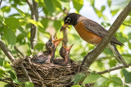 Hungry baby robins with open beaks eagerly begging for food from adult robin in cozy woven nest surrounded by lush green foliage, vibrant nature wildlife photography