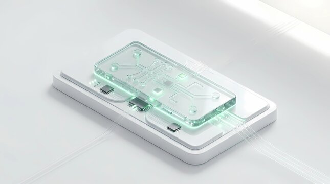 Lab on a chip microfluidic medical diagnostic device with green glowing fluidic channels