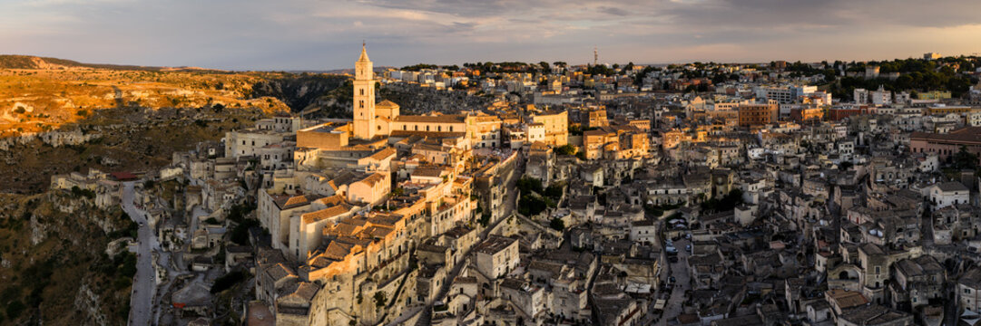 Matera Sassi City Aerial Panorama Golden Hour Italy