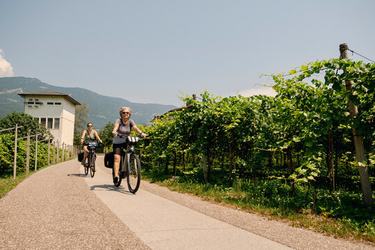 Mother and daughter cycling beside vineyards in northern Italy