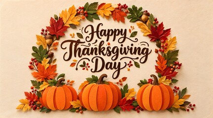 Fototapeta premium Happy thanksgiving day arch frame made of autumn leaves and pumpkins