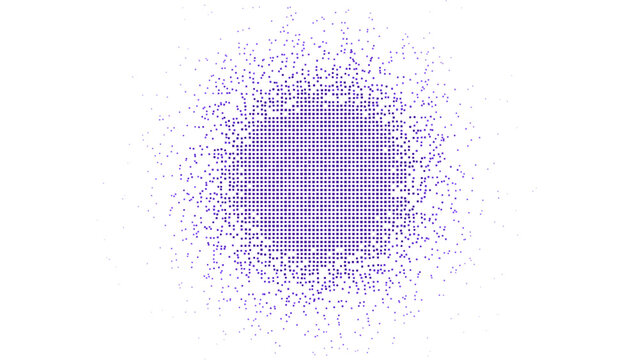 Purple fine pixel mosaic circle dissolve disintegration abstract technology background on transparent background