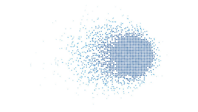 Blue fine pixel mosaic circle dissolve disintegration left tail abstract background on transparent background