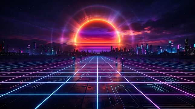 Glowing neon grid floor extending toward a bright sunset in a cyberpunk city
