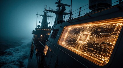 Obraz premium Modern warship sails through misty ocean at night. Integrated circuit board glows on window, suggesting advanced cyber warfare capabilities and high-tech naval operations.