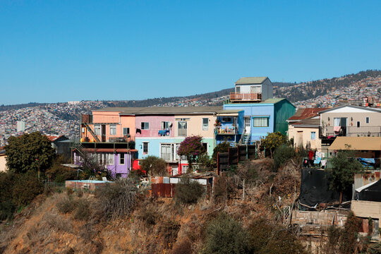 Houses on hilltop overlooking city. Valpara&iacute;so, Chile.