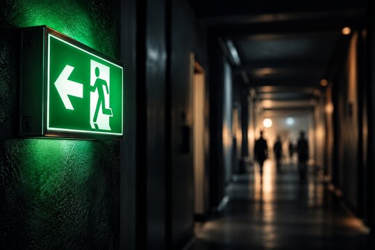 Safety evacuation route guidance featuring a fire escape symbol in a dim building hallway.