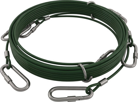 Green nylon fishing stringer with metal clips isolated on white background