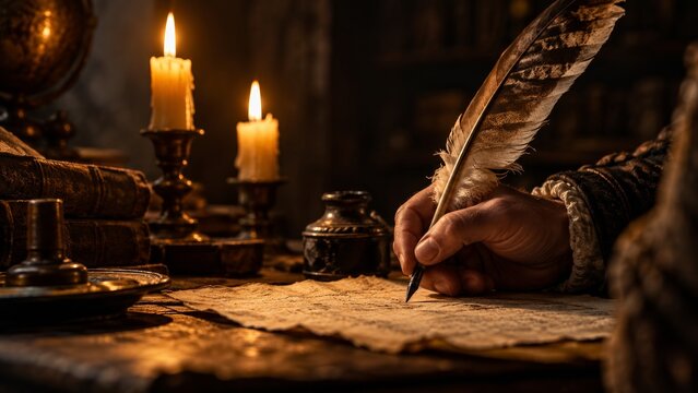 Close up of a hand holding a feather quill to write on ancient parchment paper.