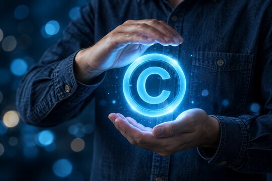 Concept of digital ownership and legal security with a shining copyright icon protected by hands.