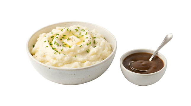 Bowl of mashed potatoes with butter and chives served with gravy on transparent background.