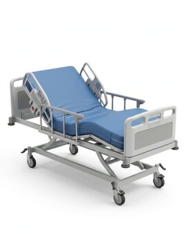 Hospital bed with blue mattress and side rails for patient care in medical clinic setting.